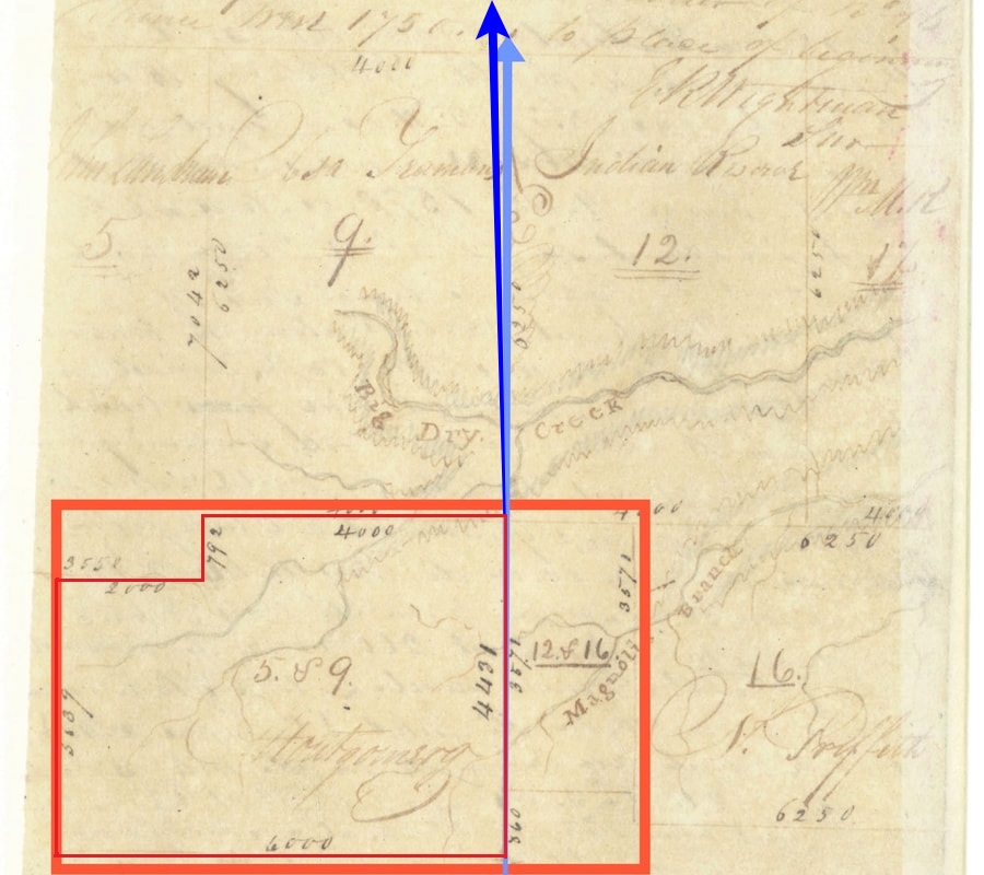 Map showing correct boundary line of William Montgomery League with thin red line and the angle of Grimes County line with dark blue arrow.
